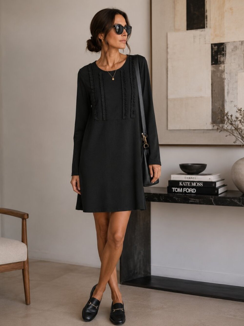 BCBGeneration Dress Womens M Black Ruffle Long Sleeve‎ NWT Minimal Little Black